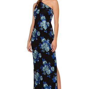 Adrianna Papell Floral Sequin One Shoulder Column Gown in Black and Blue Floral